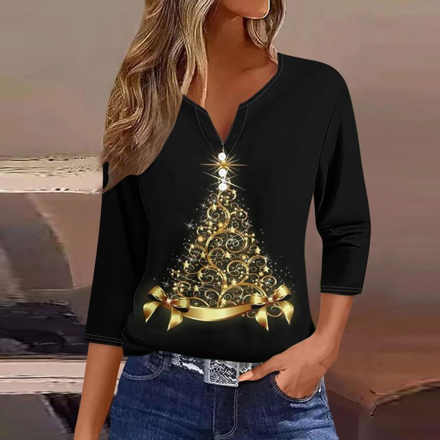 Puntoco Camiseta informal con cuello en V y botones con estampado navideño de moda para mujer, blusa holgada de manga 3/4