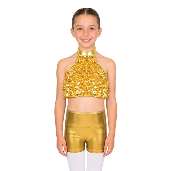 TSSOE Kids Girls 2-Piece Dance Outfits Sparkly Halter Sequins Crop Top with Metallic Shorts Set Activewear Gold 8