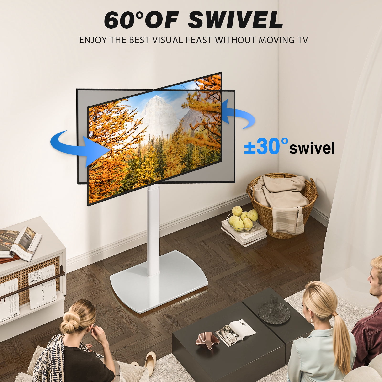 RTVR Modern Swivel Floor TV Stand for 27 to 70 inch Flat Curved Screens, Glass Base with Apple TV Roku Ultra Mount, White
