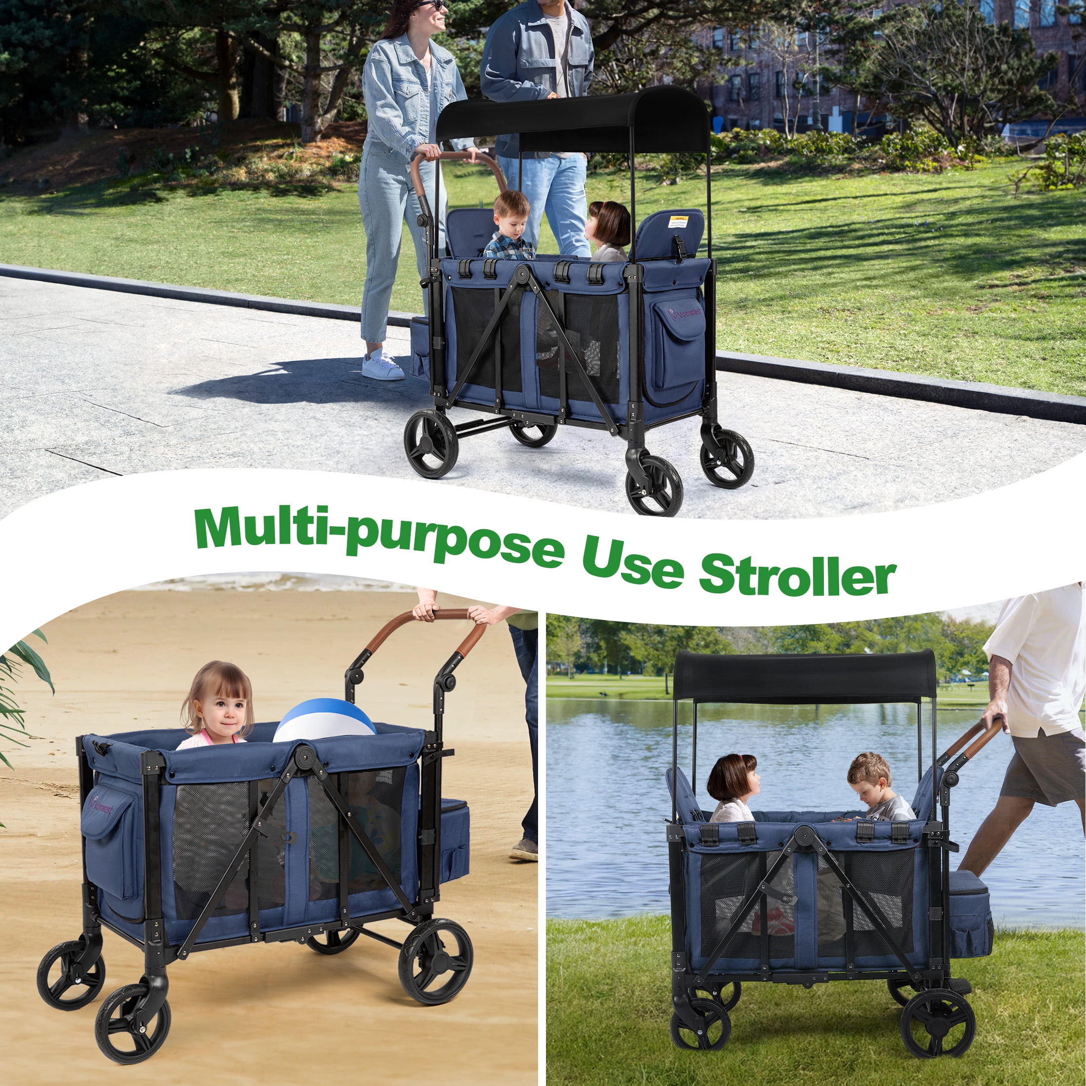 Vomeast Wagon Stroller for 2 Kids, 3-in-1 Outdoor Baby Stroller Wagon with Canopy, 5-Point Harness, Adjustable Handlebars, Removable Seat for Toddlers, Blue