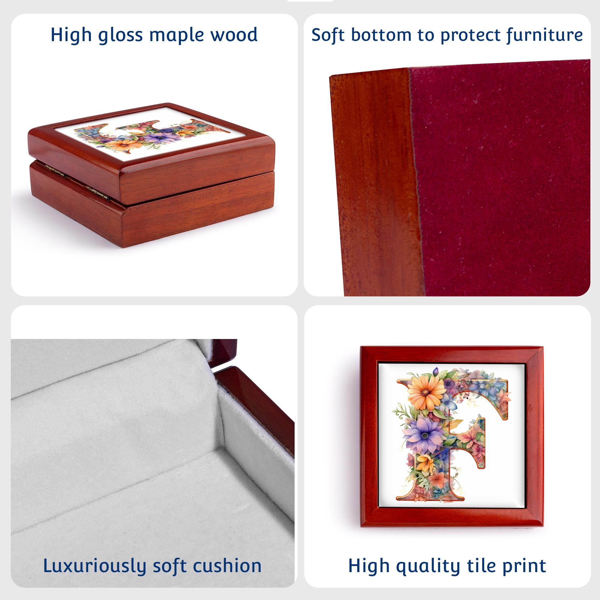 3dRose, Bright Beautiful Flower Monogram F, Jewelry Box 5.5x5.5 inch with 4 inch tile