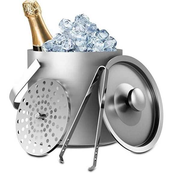 Sunmeyke Small Ice Bucket for Parties and Bar(1.7 Quarts), Stainless Steel Insulated Mini Ice Bucket, with Ice Tongs and Lid Cover with Sealing Silicone