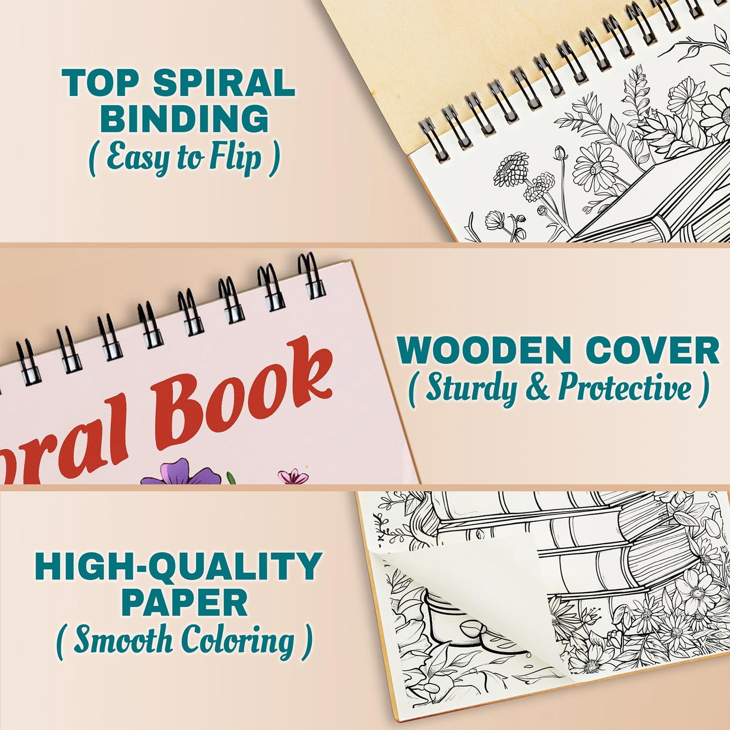 Netecom Floral Book Coloring Book Spiral Bound for Adults, A5 Wooden Cover, 30 Large Print Coloring Pages of Book and Flower for Stress Relief and Relaxation