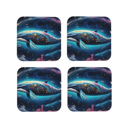 

Pofeuu Vintage Colorful Patterned Dolphin Print Coasters for Drinks 4Pack PU Leather Coasters Bar Drink Coasters for Tabletop Protection Furniture from Damage-Square