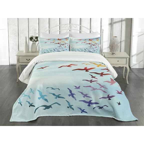 Ambesonne Bird Quilted Bedspread Set 3 Pcs, Flying Freedom Sky Art, King Size, Red Blue