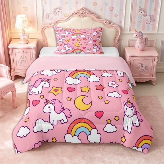 Manfei Cute Rainbow Unicorn Twin Comforter Sets 2pcs,Cartoon Starry Sky Bedding Set,1 Comforter and 1 Pillowcase,Reversible