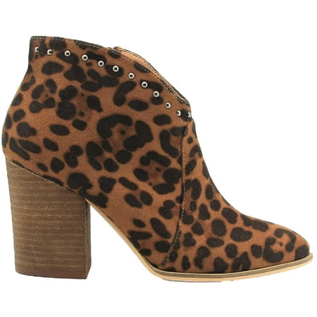 - Aspen-03 Women Western Studs Pointed Toe Block Heel Side Zipper Ankle Boots Leopard