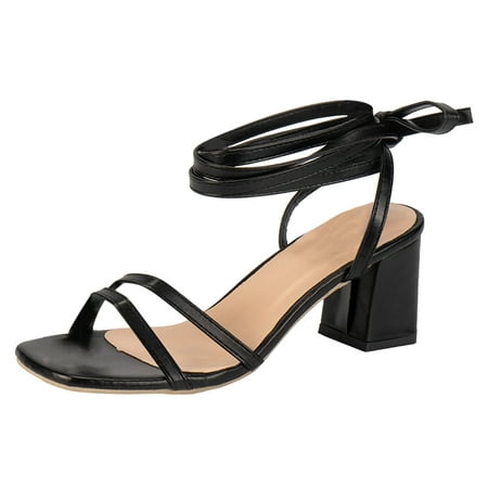 

eczipvz Women Shoes Ladies Summer Strappy Solid Colour Square Toe Thick High Heel Elegant Roman Style Large Size Sandals Black