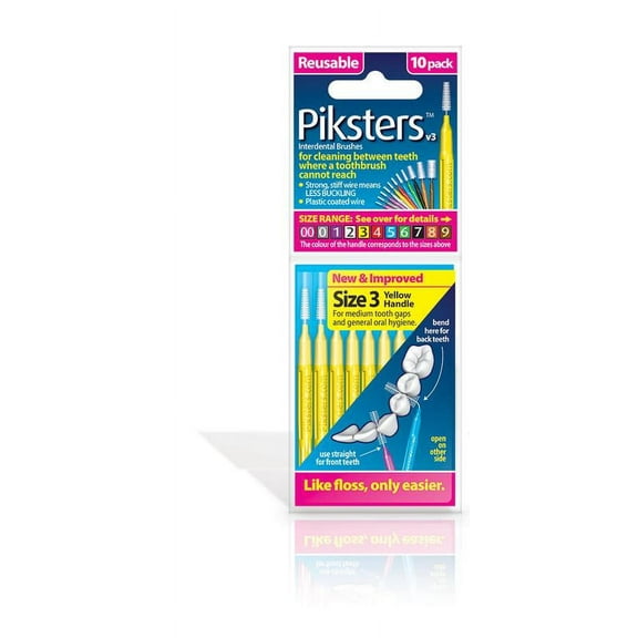 Piksters 10 pack Interdental Brushes Size 3 Yellow Reusable for cleaning between teeth