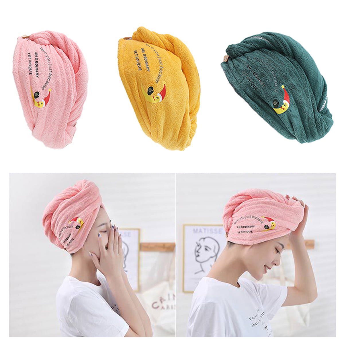 Quick Dry Soft Coral Fleece Hair Drying Turban Bath Towel Wrap Hat with Button 