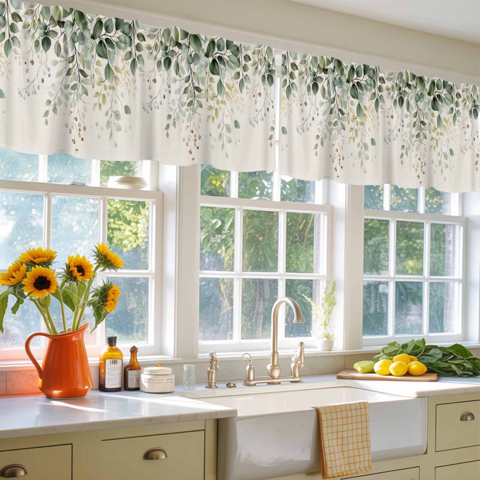 2 Pack Eucalyptus Leaf Valance for Window Country Plant Linen Texture Kitchen Valance Rod Pocket Short Curtain Topper Decorative Window Treatment for Living Room Bedroom 42"x18"