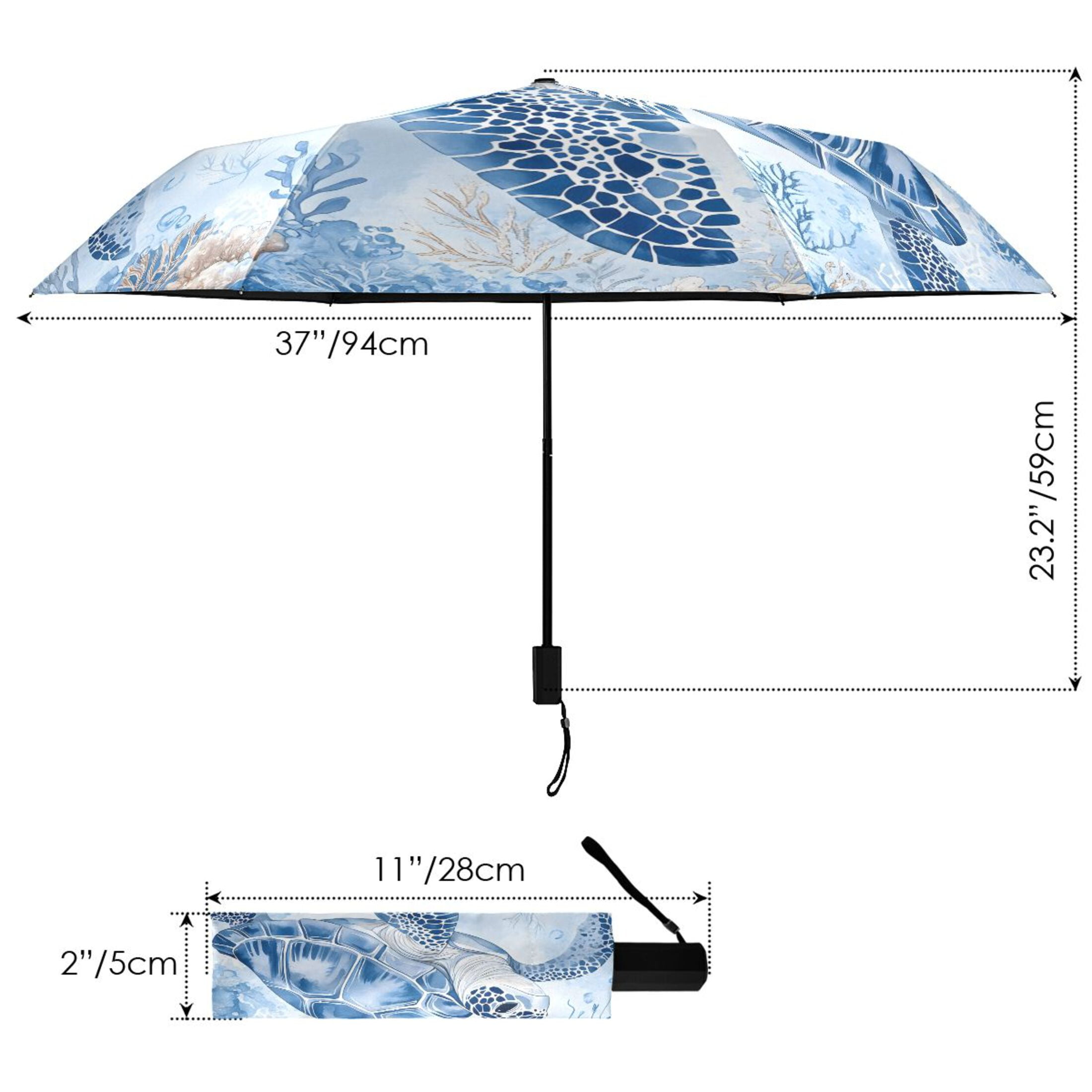 Compact Sun Umbrella Windproof Travel Umbrellas for Rain Strong Portable UV Protection Watercolor Turtle Jellyfish
