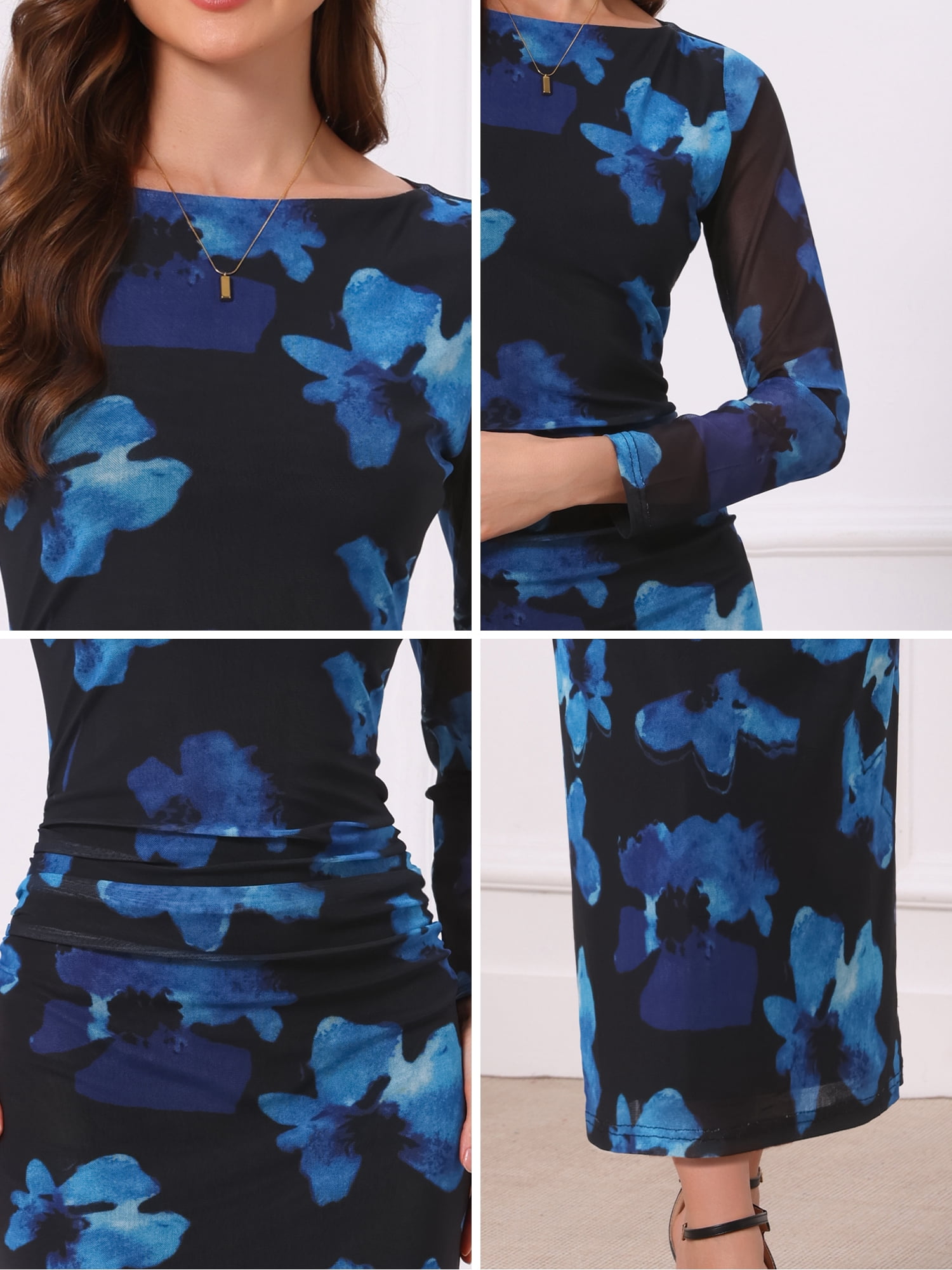 DARING DIVA Women's Floral Bodycon Long Sleeve Boat Neck Mesh Dress S Black