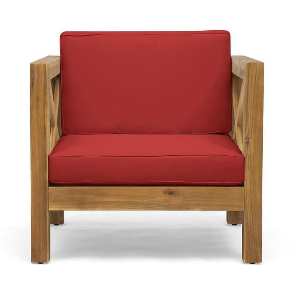 GDF Studio Indira Outdoor Acacia Wood Club Chair with Cushion, Teak Finish and Red