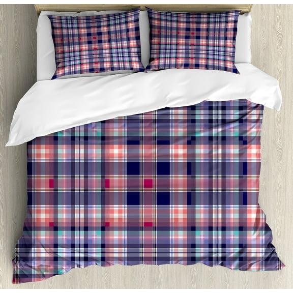 Checkered Duvet Cover Set, Pink and Blue Colored Repeating Pattern with Intersecting Lines Squares, Decorative 3 Piece Bedding Set with 2 Pillow Shams, Queen Size, Navy Blue Pink, by Ambesonne