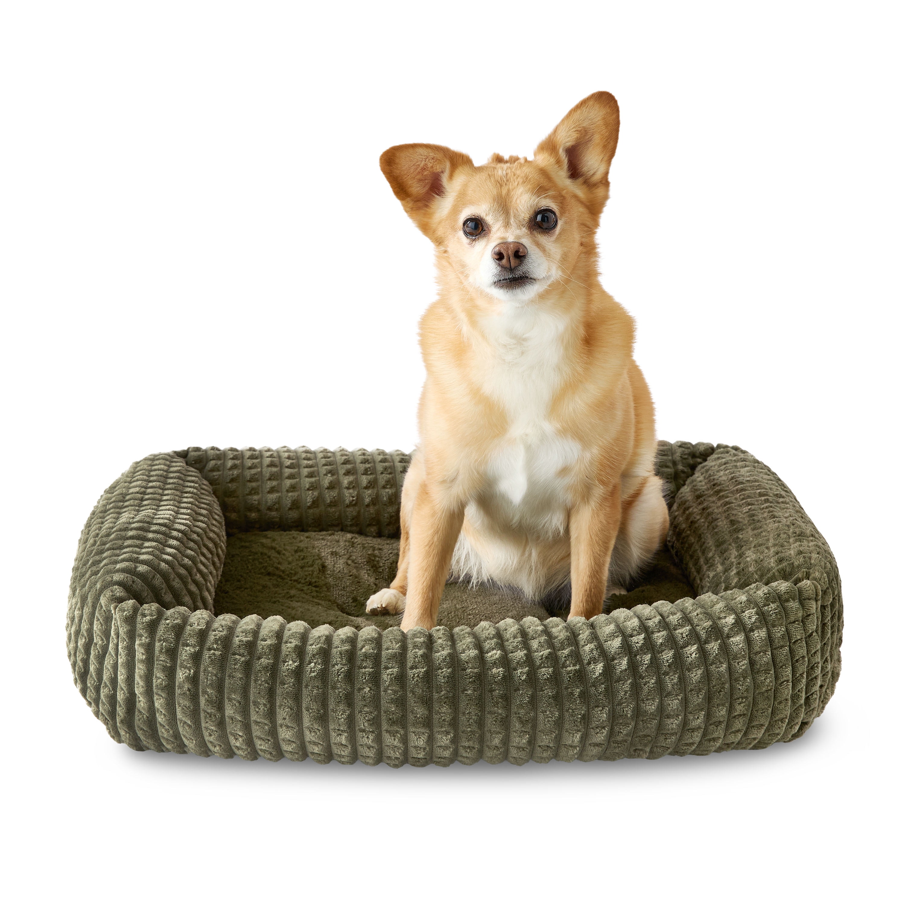 Vibrant Life Medium Flannel Waffle Texture Bolster Cat or Dog Bed, Green, 21" x 25"
