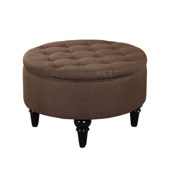 Cristo Transitional 24" Round Storage Ottoman Footstool, Brown Microfiber