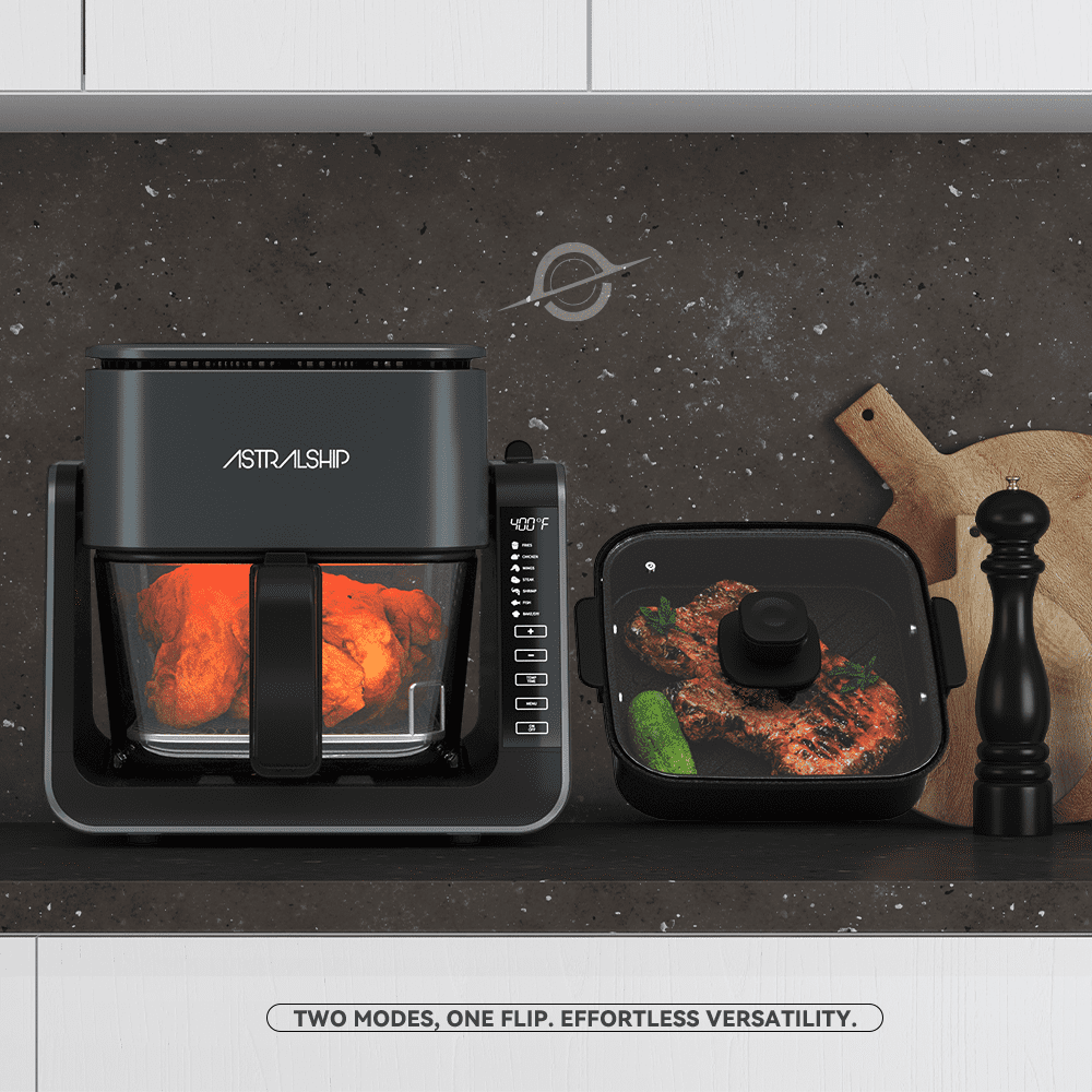 ASTRALSHIP Air Fryer for Countertop, 2‑in‑1 Glass Air Fryer & Grill Pan Combo, 4.2 QT + 1.3 QT, Air Fryer Non Toxic, Digital Presets, Healthy Cooking, Non‑Stick, Multi‑Function for Griddle & Baking