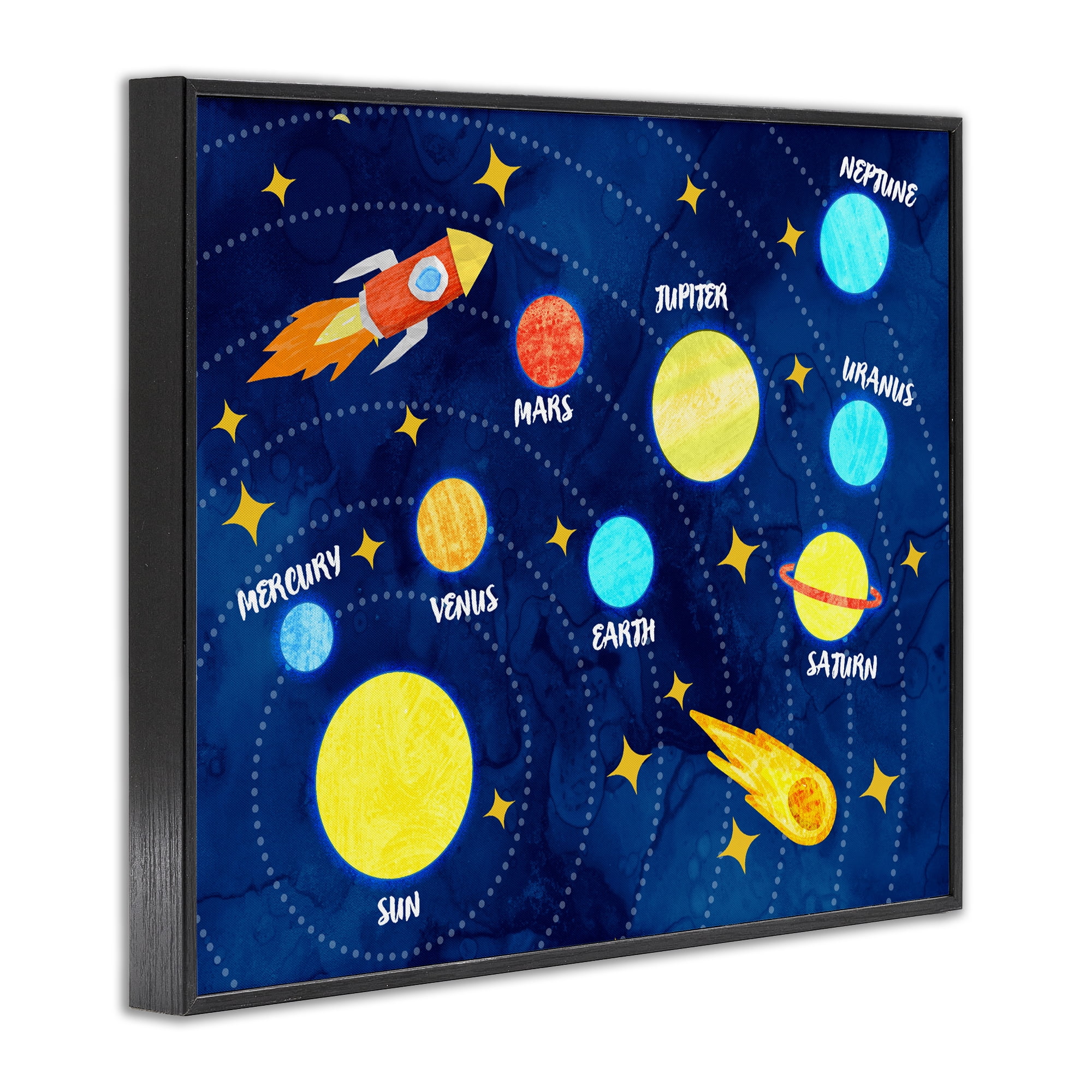 Rocket Across Solar System Black Framed Giclee Art, design by Daphne Polselli