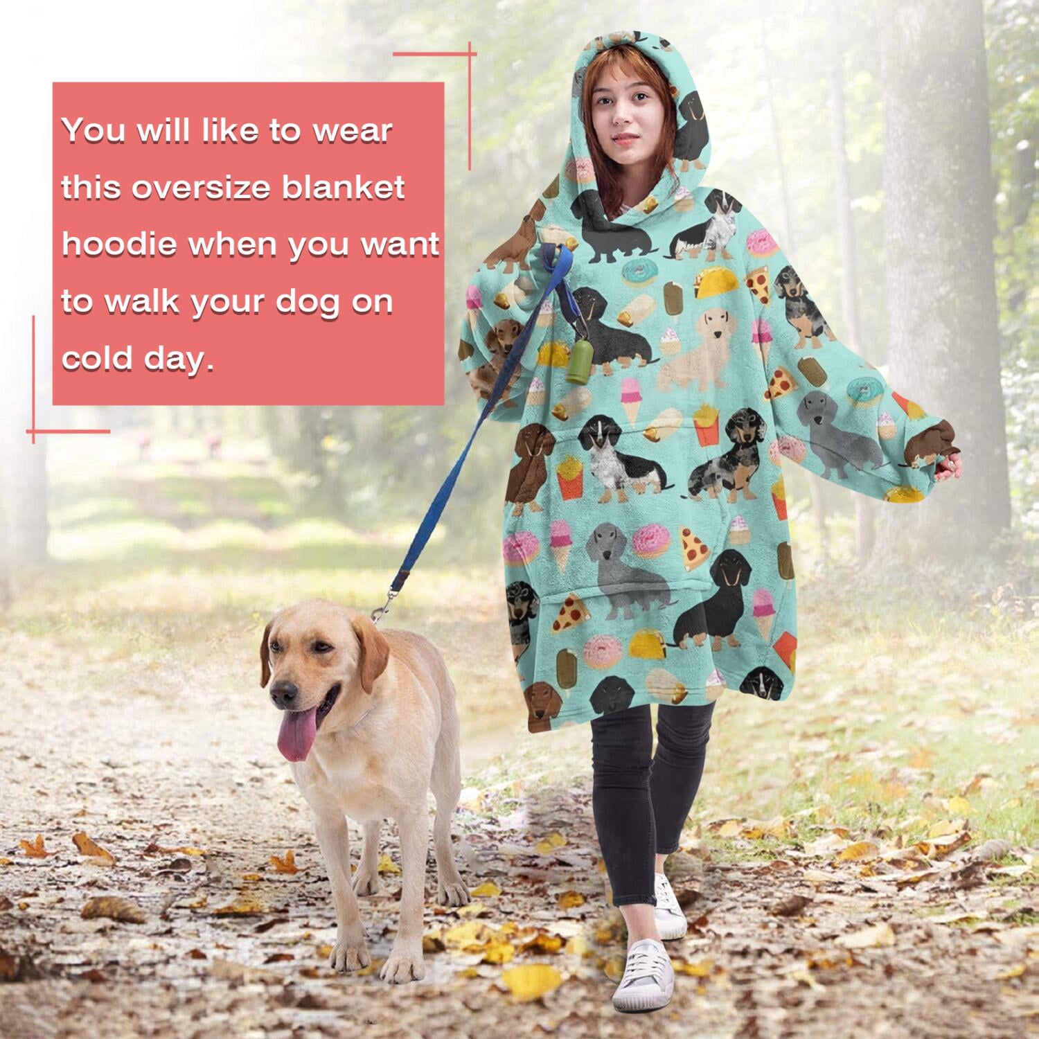 Dachshund Dog and Pizza Wearable Oversized Blanket,Wearable Blanket Hoodie for Adults,Cozy Hooded Blankets with Super Pockets,Super Warm Fuzzy Pullover for Women & Men