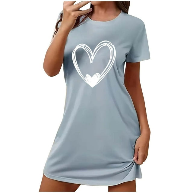 Amzcrzy Pyjamas pour Femmes Mode Imprimé Cœur Valentines Day Robe Décontractée Confortable à Manches Courtes Chemises de Nuit pour Femmes Valentines Day Cadeaux