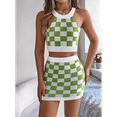 thumbnail image 4 of Women 2 Piece Outfits Halter Crop Top and Mini Skirt Summer Crochet Outfits Green M, 4 of 7