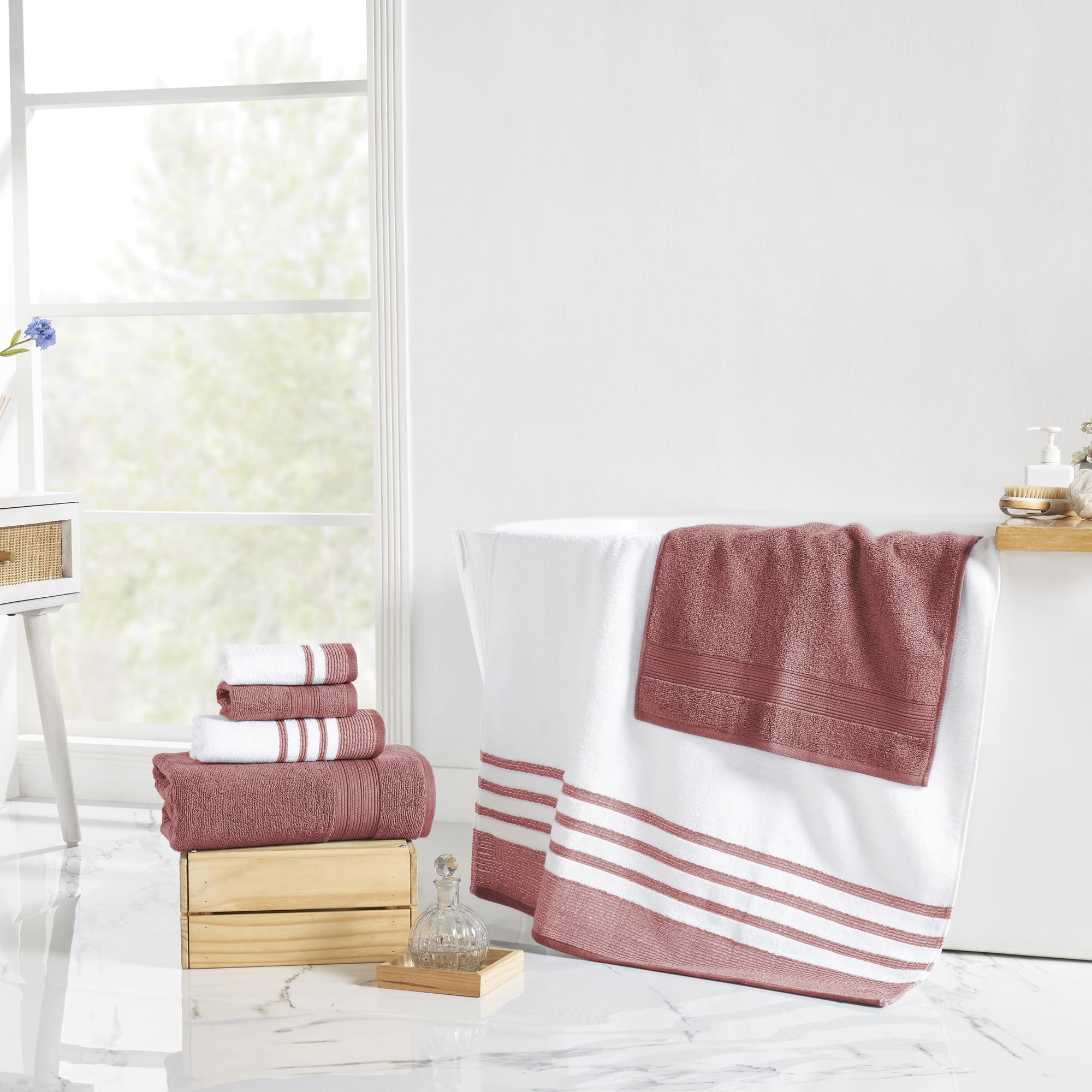 Modern Threads Reinhart 6-Piece Quick Dry Striped, Cotton Bath Towel Set, Rosewood Pink