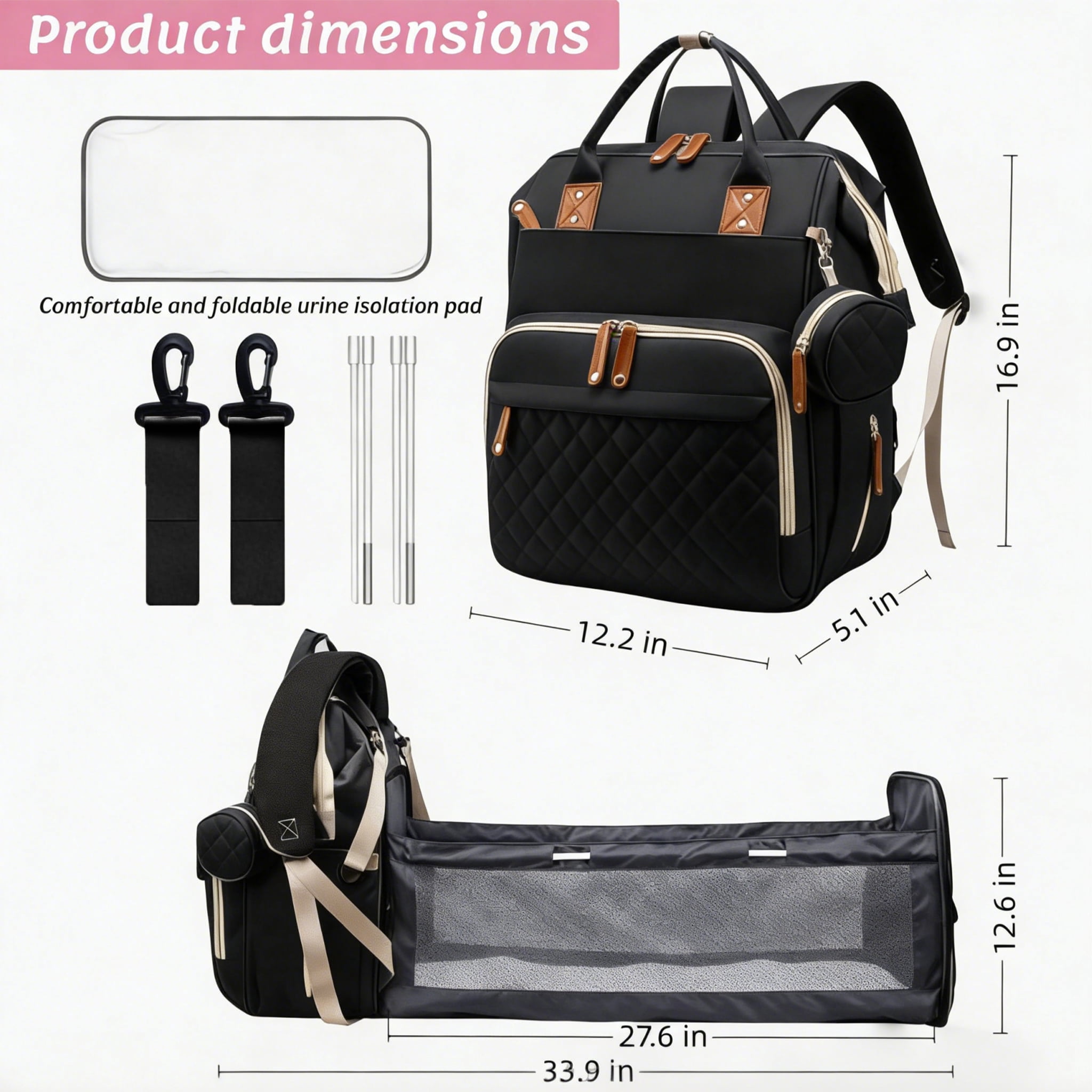 WANDF Diaper Bag Backpack with Changing Station, Large Travel Mommy Bag, Waterproof Diaper Backpack for Moms Dads with USB Charging Port,Mommy Essentials Shower Gifts(Black Bag)