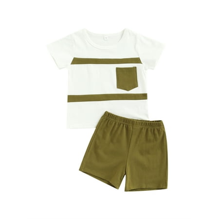

ZIYIXIN Summer Kids Boy Casual Clothing Striped Print Short Sleeve T-shirt+Shorts 2pcs Set White 2-3 Years