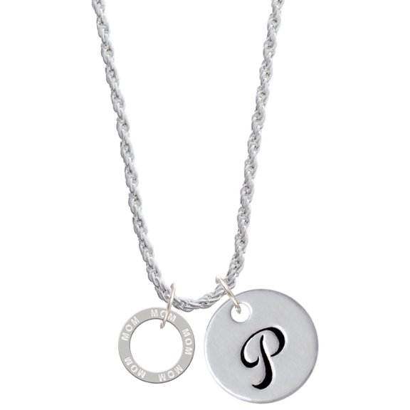 Delight Jewelry Silvertone Mom Eternity Ring Silvertone Script Initial Disc - P - Charm Necklace, 20"+3"