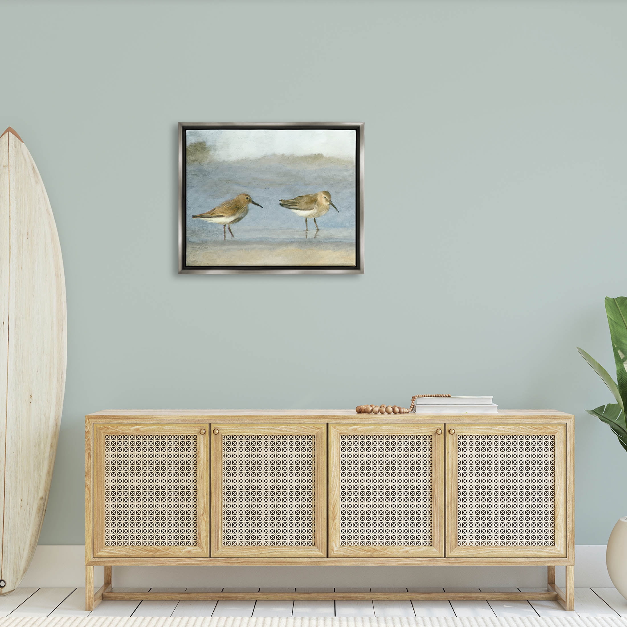 Stupell Industries Two Sandpipers Stepping Beach Shore Painting Luster Gray Floating Framed Canvas Print Wall Art, Design by Kim Allen