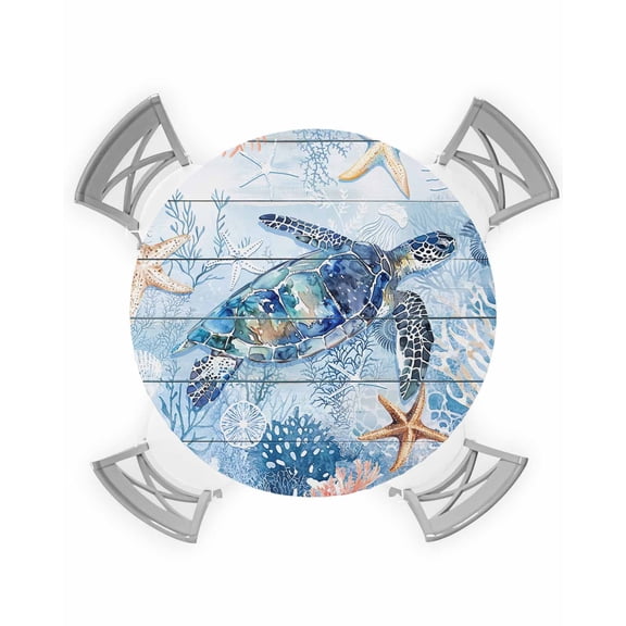 nqOlkjepod Blue Turtle Coastal Round Tablecloth, Fitted Table Cover with Elastic for 45"-54" Round Tables, Summer Beach Nautical Starfish Table Cloth Outdoor Dinning Party Waterproof Tablecloths