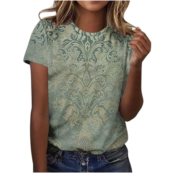 Cmfcve Summer Shirts for Women Round Neck Button Tunic Blouse Short Sleeves Printed Beach Tee Shirt
