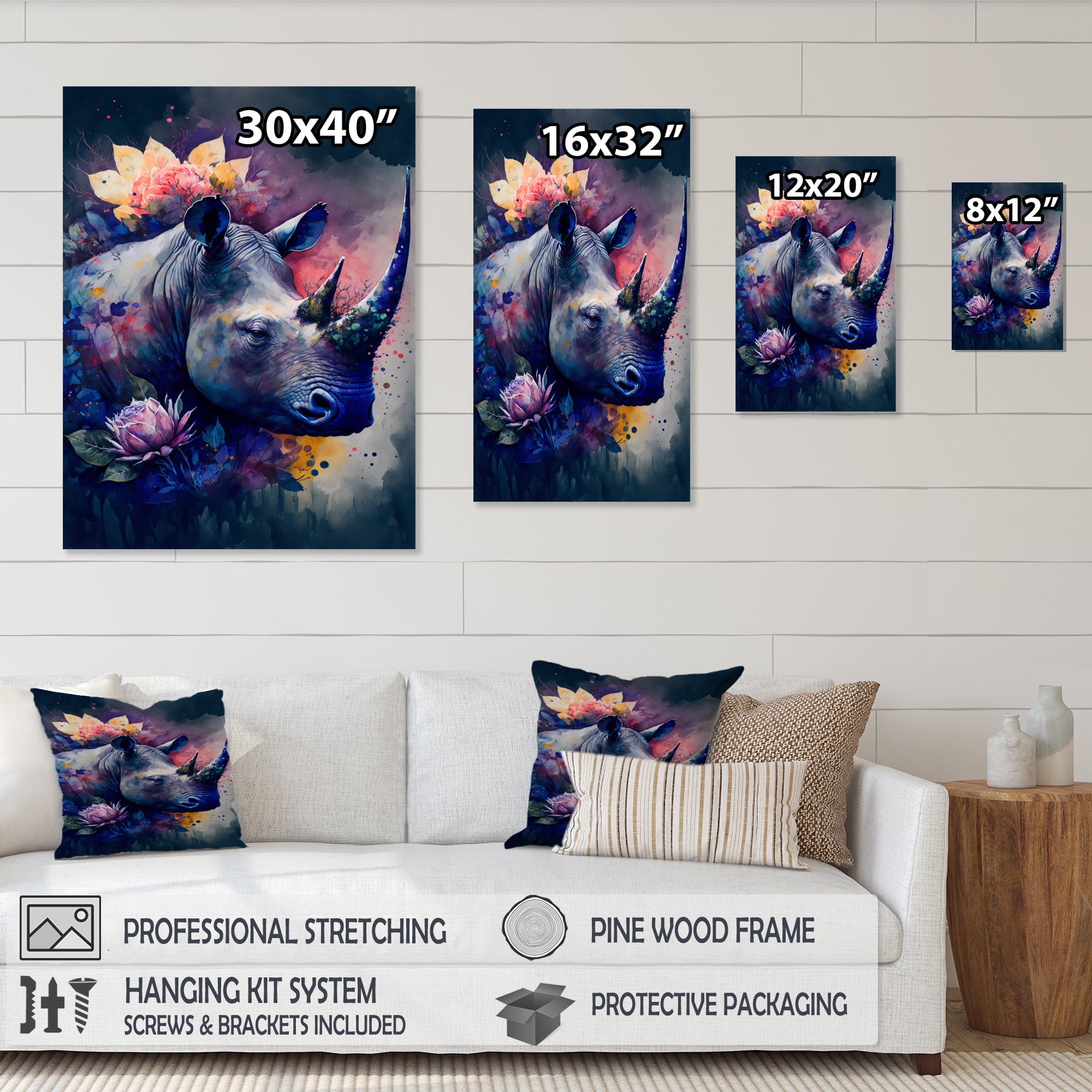 Designart Cute Rhino Floral Art I Canvas Wall Art