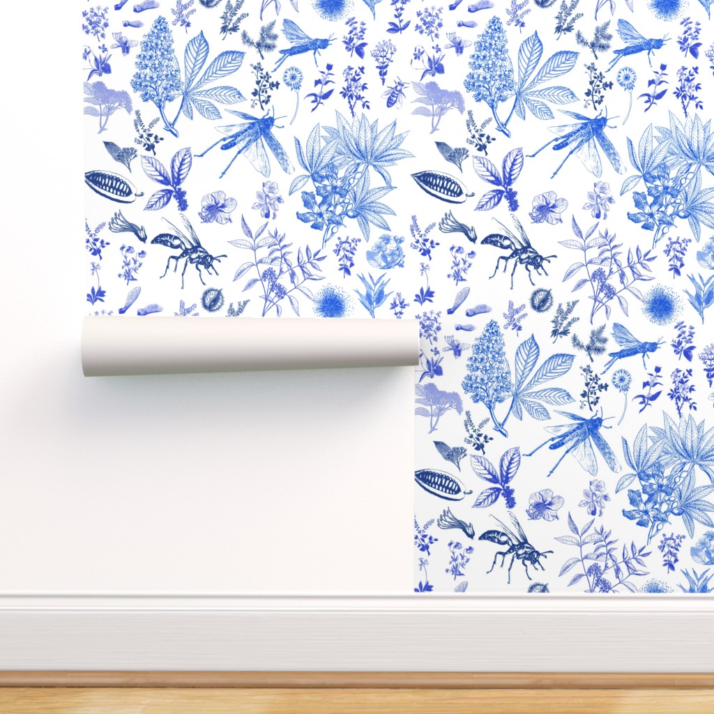Removable Water-Activated Wallpaper Blue Bird Floral Birds Indigo And White
