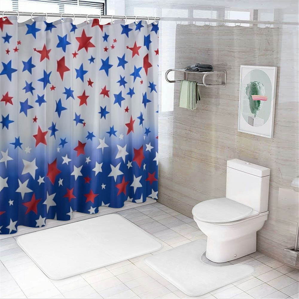 Shiartex American Flag Patriotic Shower Curtain for Bathroom 4th of July Independence Day Memorial Day Shower Curtain Set Blue Red Stars Bathroom Decor with Hooks Waterproof Fabric White