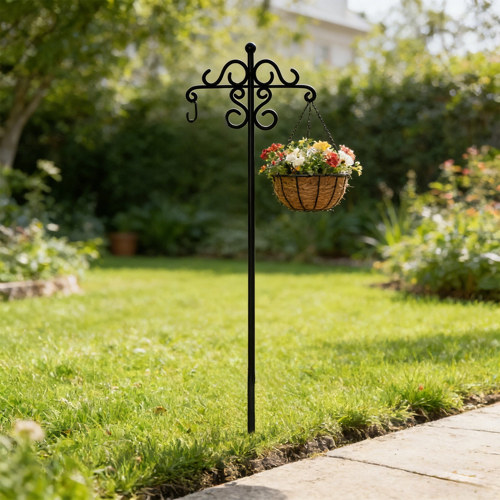 KUKIDSVO 61in Heavy Duty Shepherd Hook, Black Iron Garden Stake with Ornate Scrollwork for Hanging Plants Lanterns Bird Feeders Outdoor Yard Decor