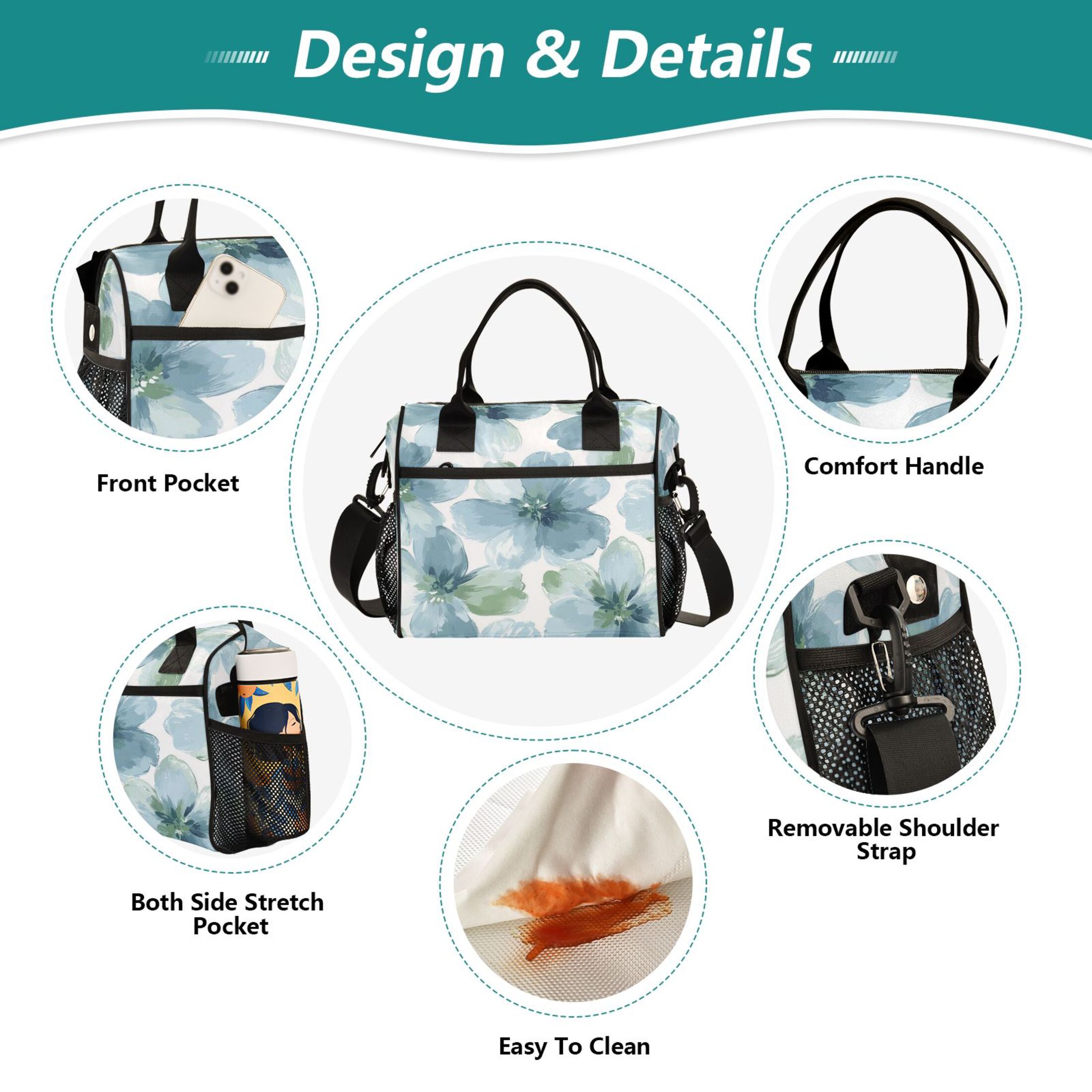 WOBOGO Elegant Flowers in Shades Of Blue Lunch Bag Large Capacity Leak Proof Insulation Soft Adult Men and Women Universal 11×10.6×5.5in