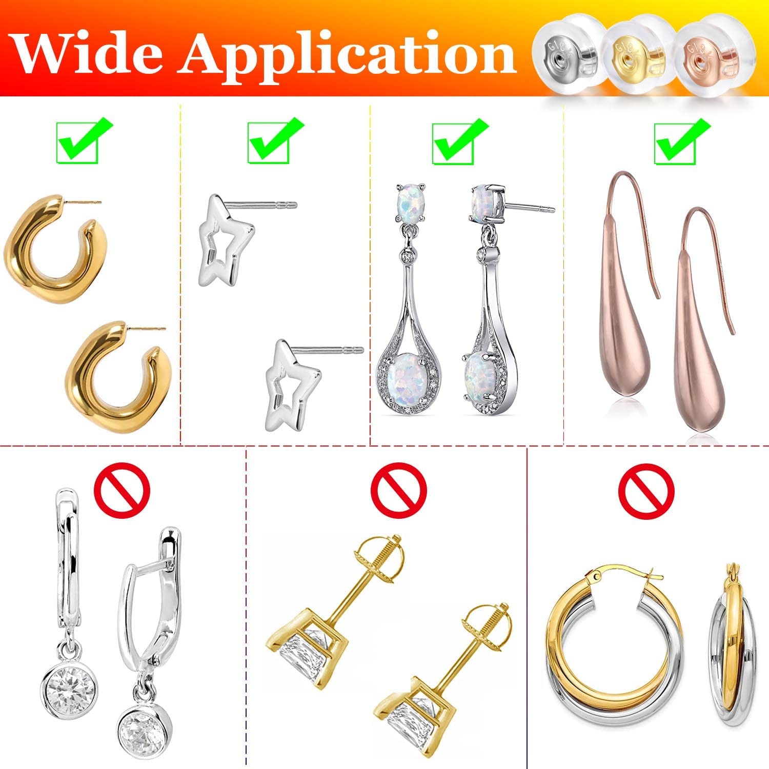 18K Gold Locking Secure Earring Backs for Studs, Silicone Earring Backs Replacements for Studs/Droopy Ears, No-Irritate Hypoallergenice Earring Backs for Adults&Kids (White Gold) - image 3 of 5