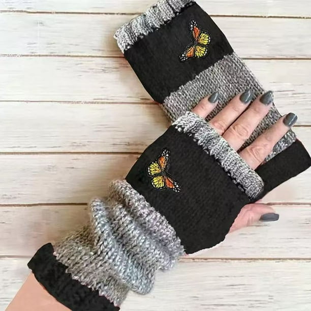 Guantes sin dedos con bordado de moda para mujer - Guantes de invierno tejidos con pantalla táctil y diseño de dedos cálidos y goteros