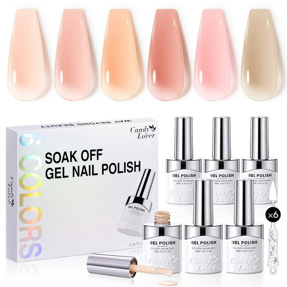 Candy Lover Jelly Gel Nail Polish Kit, 6 Colors Translucent Jelly Sheer Nudes Pink Milky Gel Polish, Soak Off UV LED Nail Polish, Nail Art Gift Set for Women