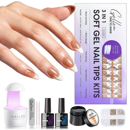 Gellen French Tips Gel Nail Kit - 240 Pcs Brown Almond Salon Acrylic Fake Nail Kits Including Gel Top Coat and Base Coat UV Lamp Solid Nail Glue Gel Nail Charms for French Tip Manicure