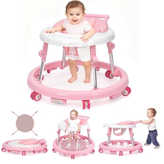 Foldable Baby Walker 9-Level Height Adjustable 360° Non-Slip Wheels for Infants 6-18 Months Light Pink