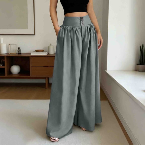 Mifsaly High Waisted Wide Leg Palazzo Pants Women Button Down Front Smocked Flowy Pant with Pockets Loose Fit Casual Summer Beach Vacation Clothes