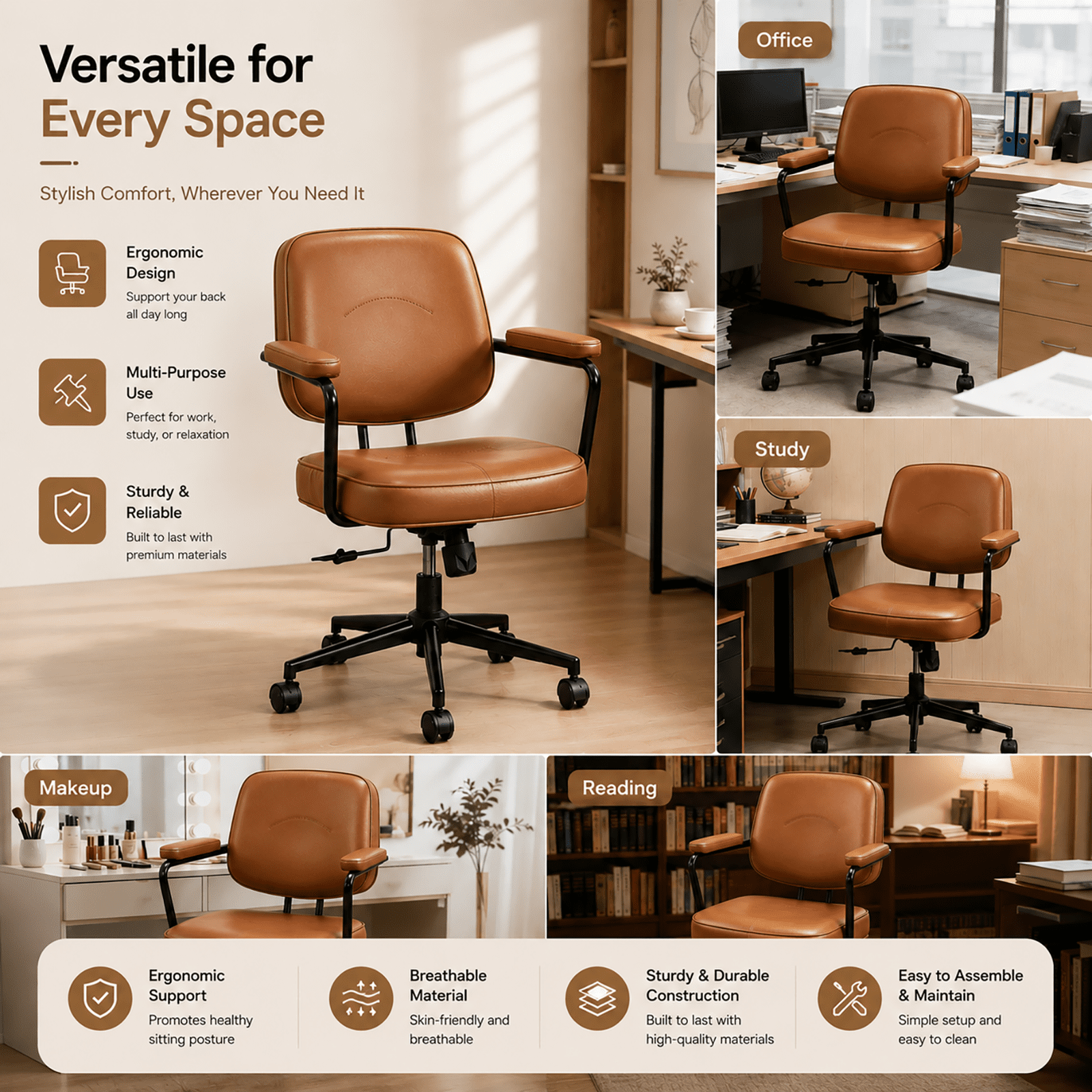 Ergonomic Office Chair, PU Leather Executive Desk Chair with Fixed Armrests, Adjustable Height, Rocking Function, 360° Swivel Rolling Wheels Brown