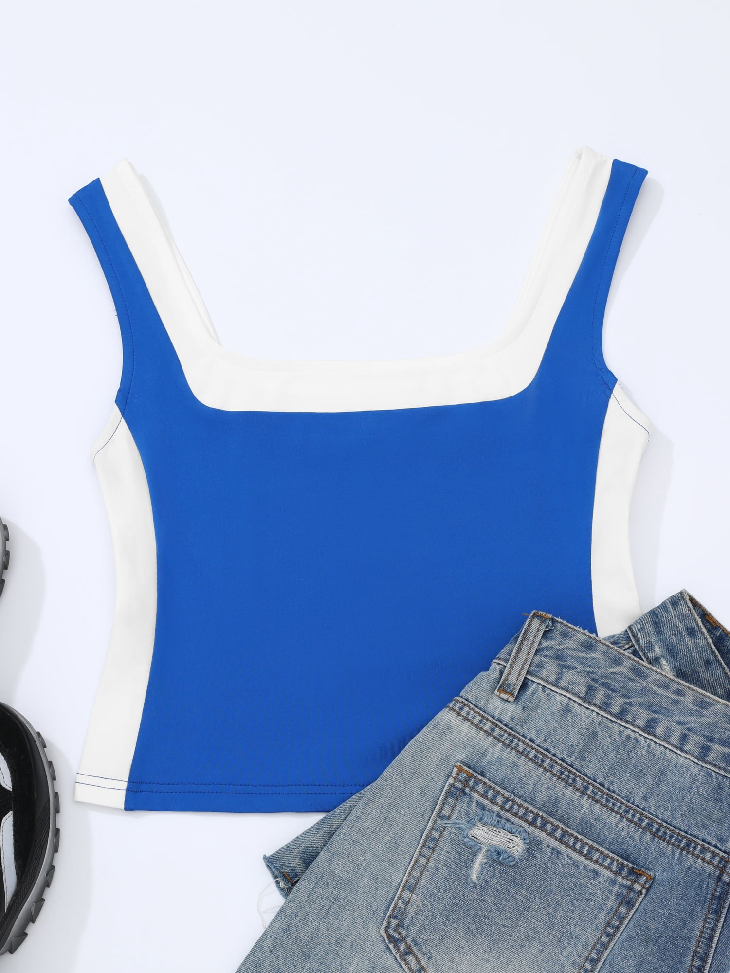 DARING DIVA Women's Crop Square Neck Slim Fitted Color Block Yoga Shirts XL Royal Blue