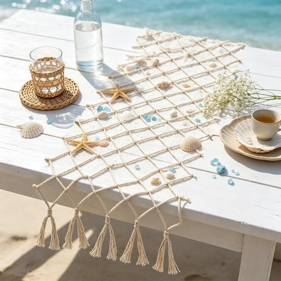 Aaihamo Woven Mesh Table Runner, Nautical Fish Net Table Runner with Starfish Seashell Tassels, Coastal Style Rope Table Decor for Nautical Beach Themed Party Decor