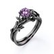 thumbnail image 4 of JeenMata Anillo de Bodas Solitario con Hoja y Enredadera Amatista Violeta de Talla Redonda de 0,5 TCW; Baño de Oro Negro de 18 K sobre Plata, 4 of 6