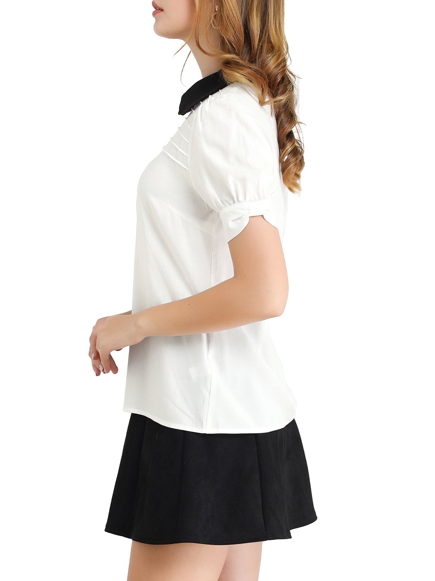 DARING DIVA Peter Pan Collar Contrast Puff Blouse Top M White