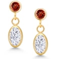 thumbnail image 2 of Gem Stone King 14K Yellow Gold White Moissanite and Red Garnet Drop Dangle Earrings for Women (1.30 Cttw, Gemstone Birthstone, Oval 6X4MM, Round 3MM), 2 of 4